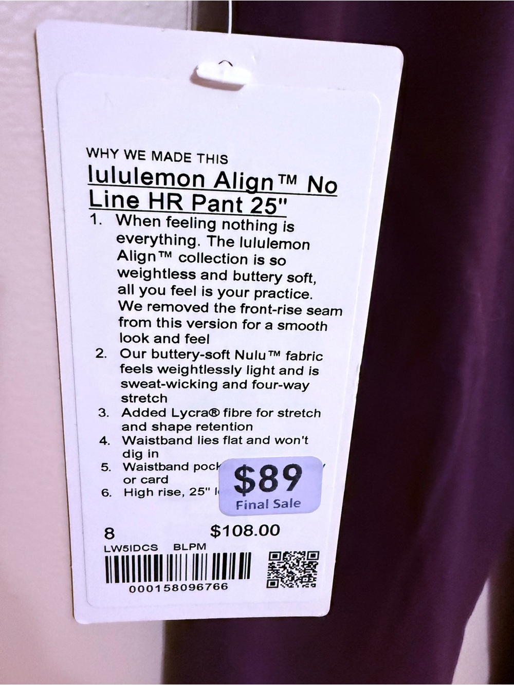 NWT Lululemon Align No Line HR Pant 25" in Deep Plum Sz 8 - Picture 8 of 8